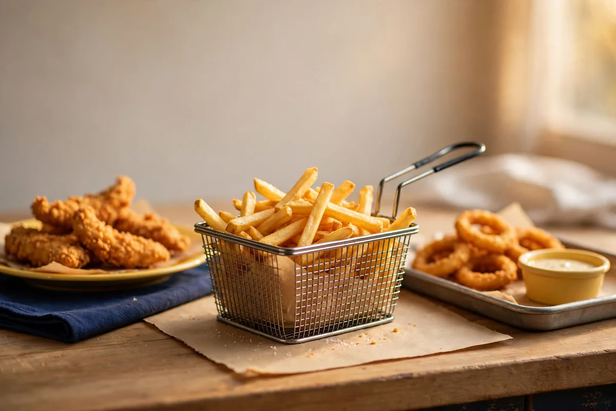 A counter with fries in a fryer basket