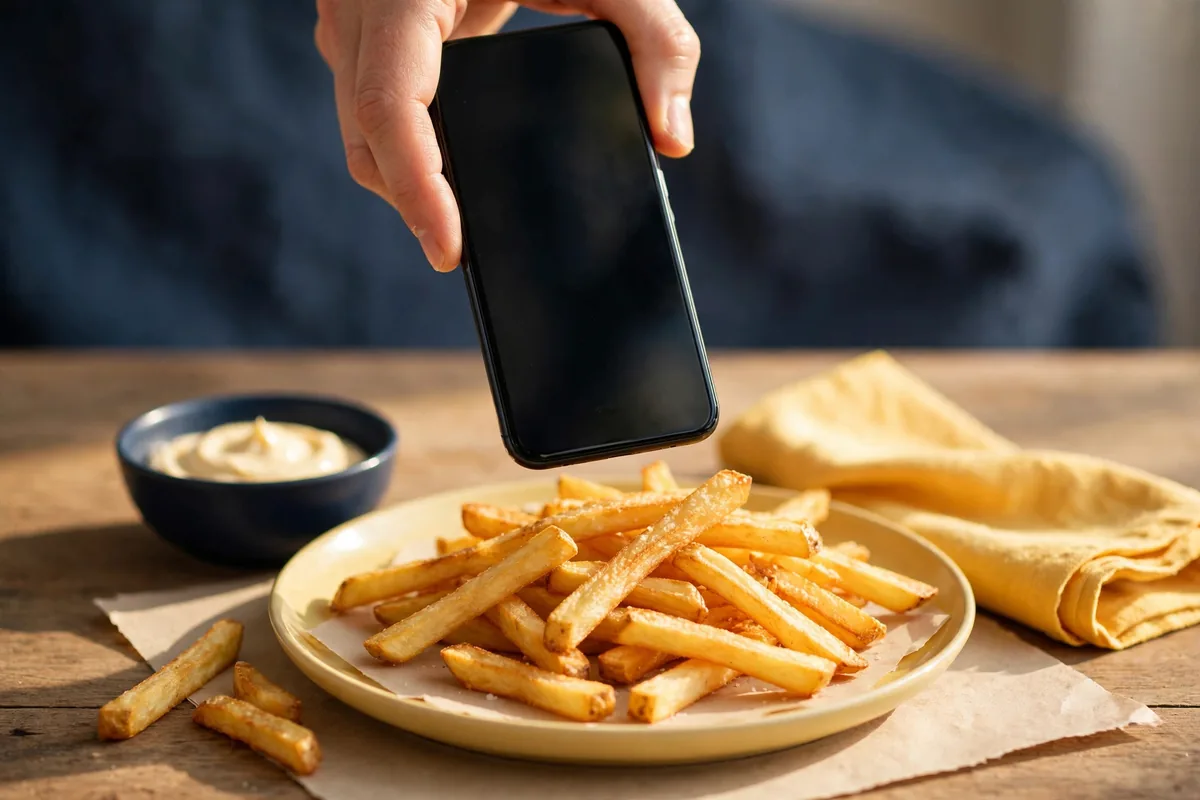 A hand holding a phone over a table