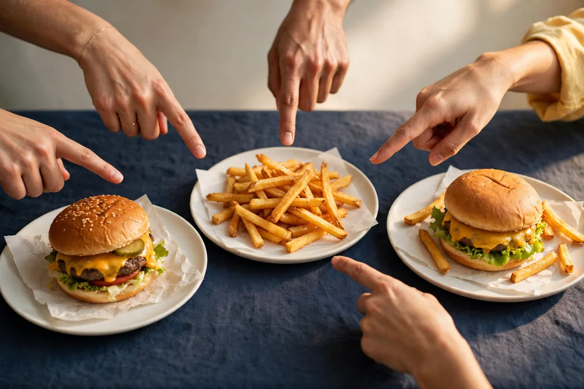 Hands choosing from shared plates