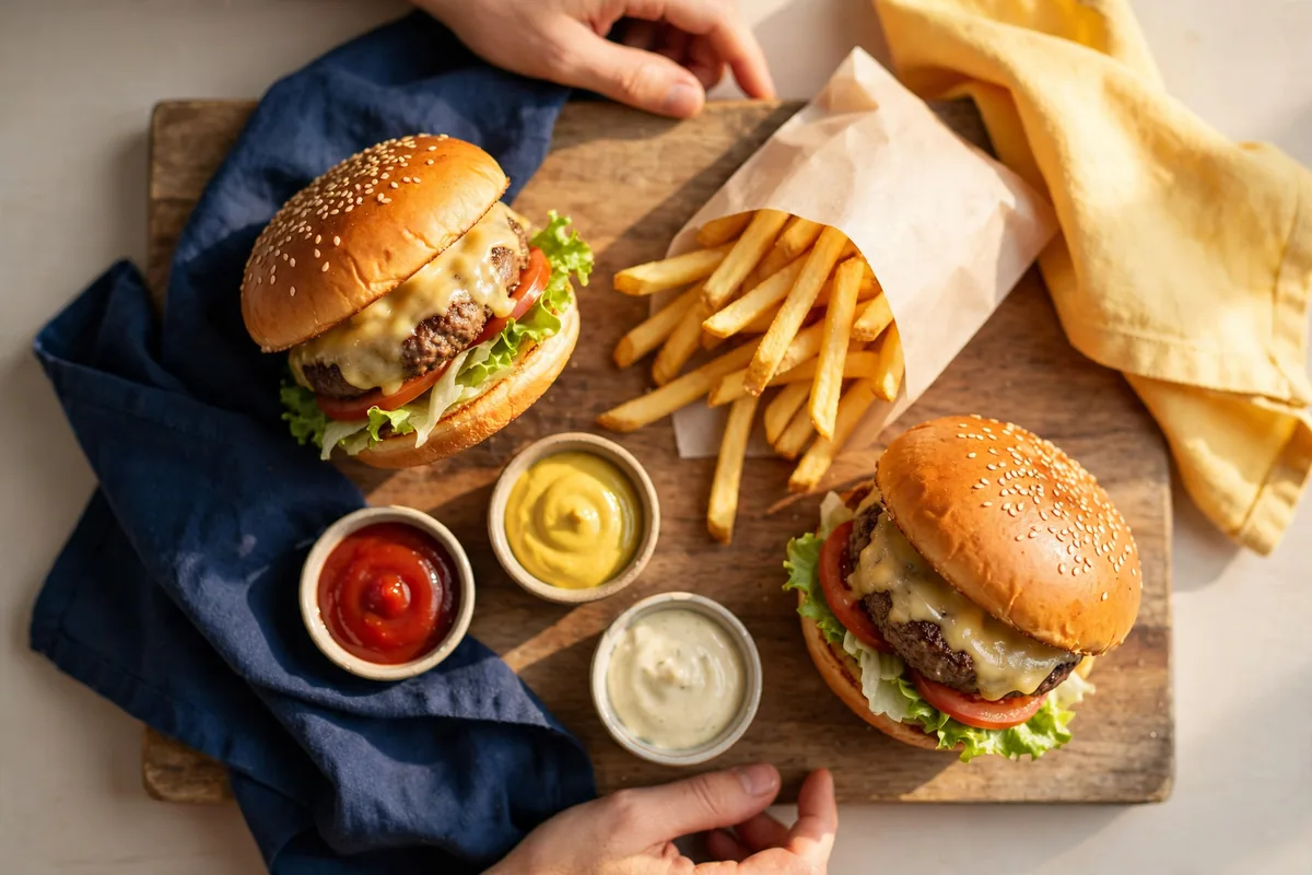 A board with fries and burgers