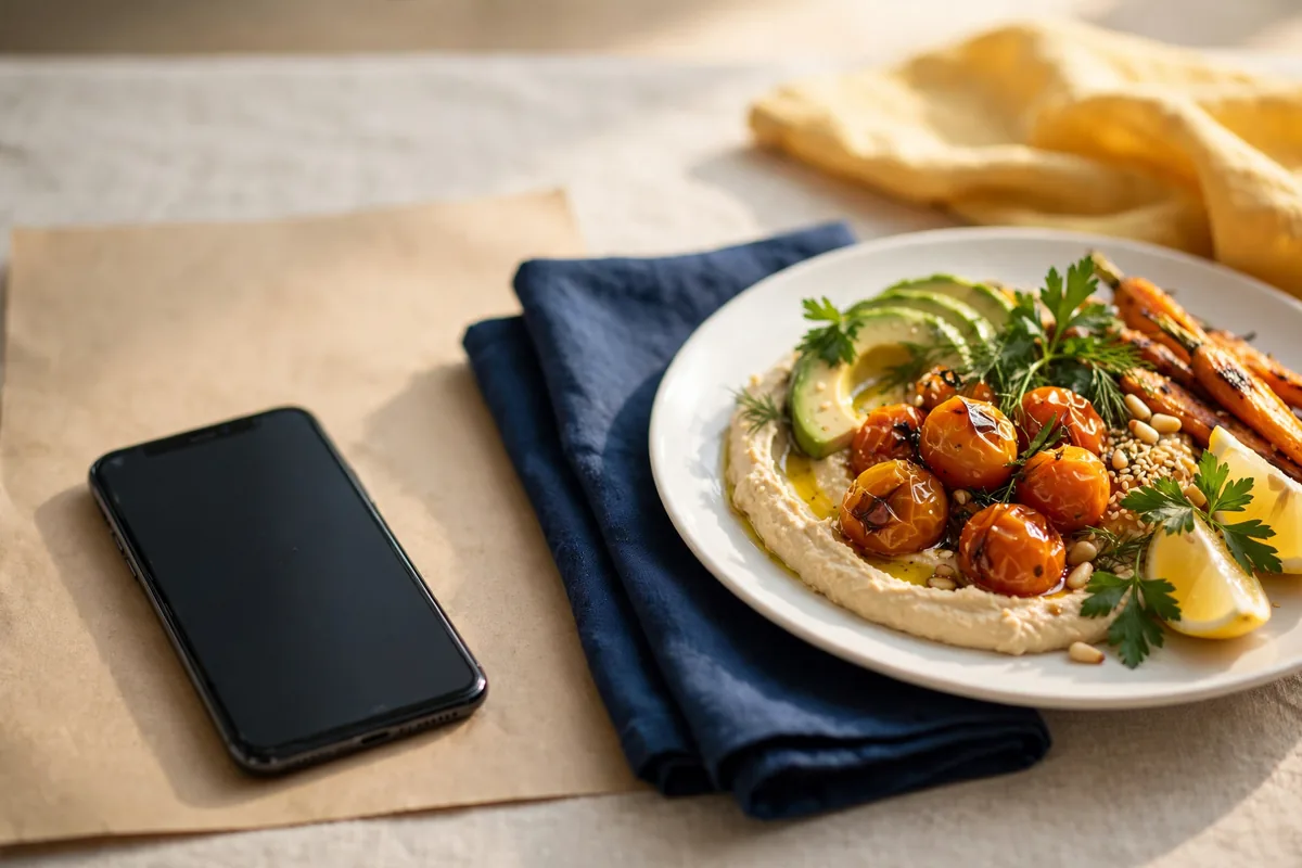 A phone beside a plate
