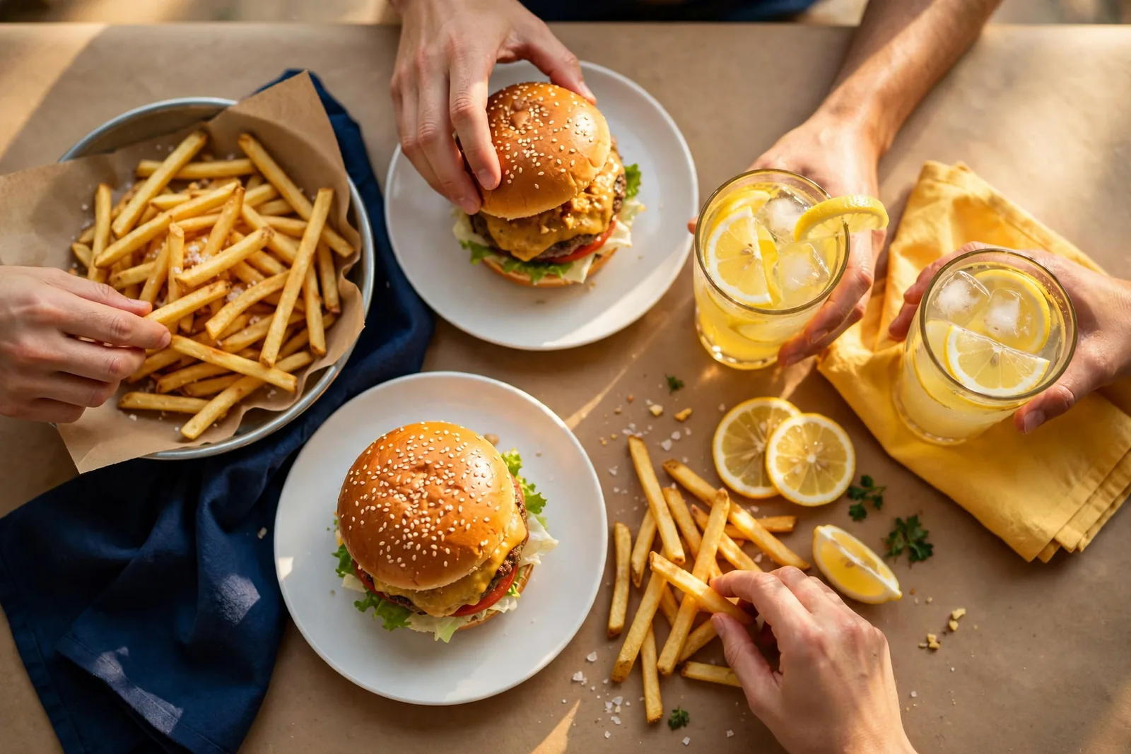 A feast of fries and burgers for a group