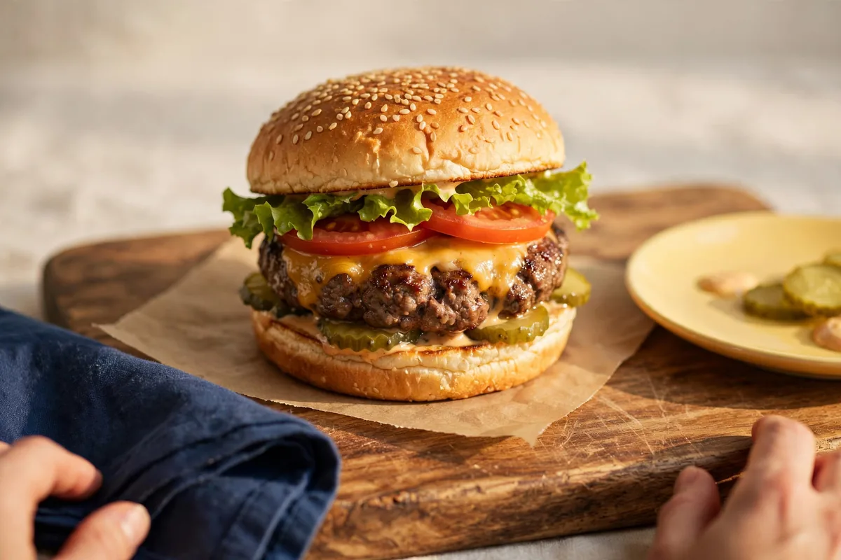 A burger on a board