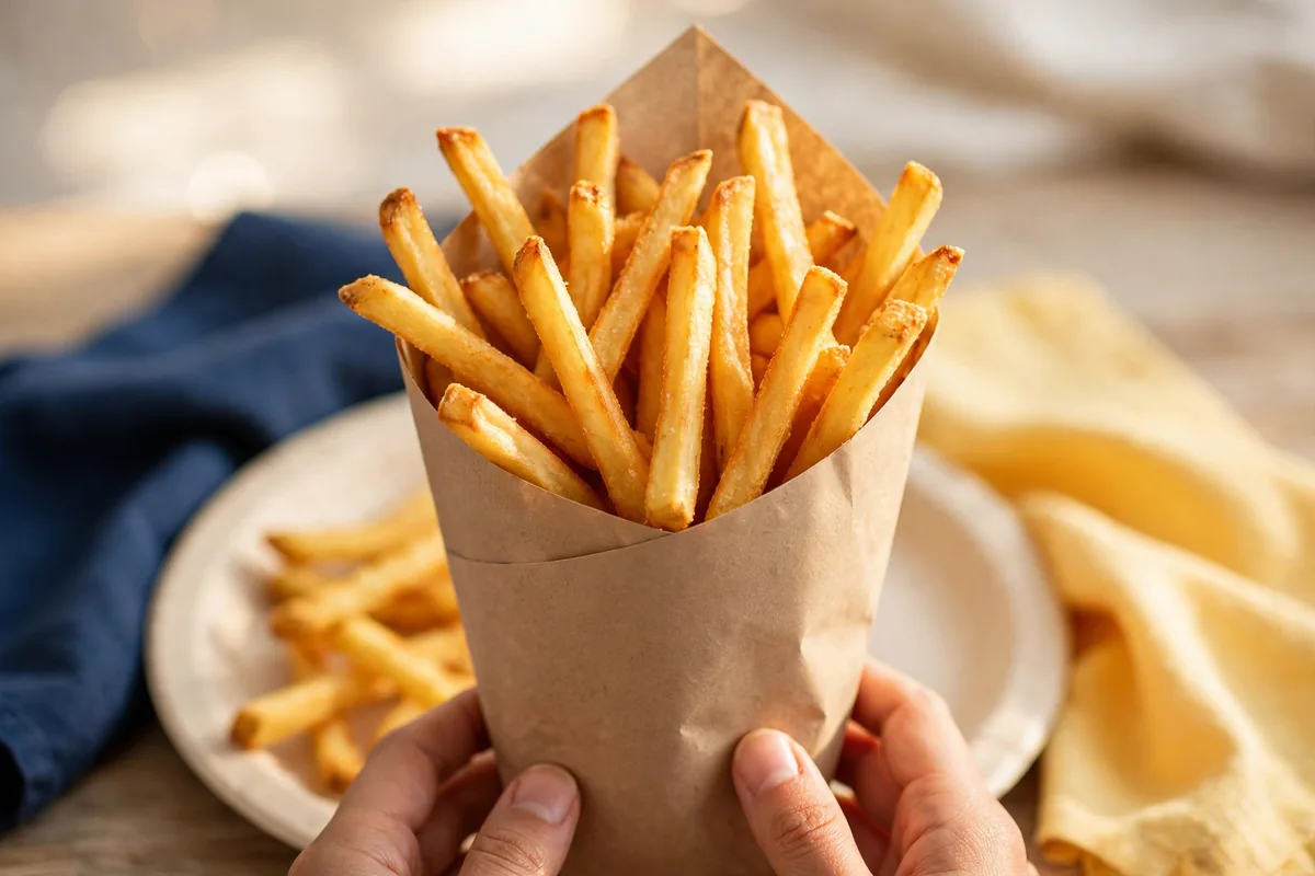 Golden fries in a paper cone